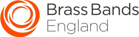 Grey text reads 'Brass Bands England' next to an orange circular logo.
