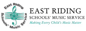 Black and turquoise text reading 'East Riding Schools' Music Service, Making Every Child's Music Matter.' Circular logo reading 'East Riding Schools' Music Service' with turquoise treble clef and stave inside.