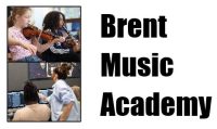 "Brent Music Service", black text, white background. Pictures set right show school-children playing violin and using computers.