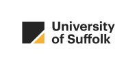 Black square with yellow bottom right corner. Black text reading University of Suffolk.